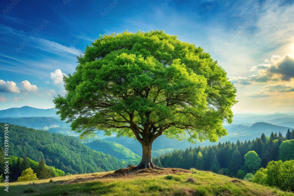 Fototapeta premium Forest tree growing in landscape with grass