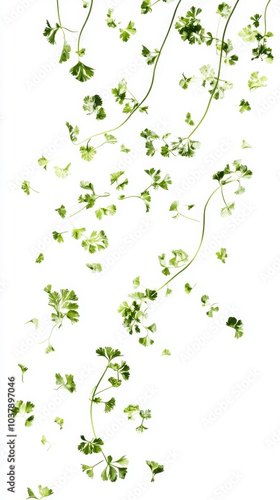 Falling fresh green chervil leaves on a white background ideal for food-related projects and herbal concepts. Generative AI Falling fresh green chervil leaves on a white background ideal for food-related projects and herbal concepts. Generative AI