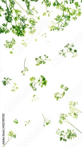 Wallpaper Mural Falling fresh chervil leaves scattered on a white background. Delicate green herbs perfect for natural and organic culinary themes.. Generative AI Torontodigital.ca