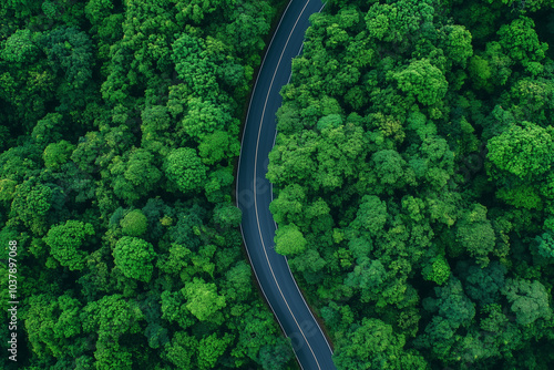 Aerial View of Winding Road Through Lush Green Forest