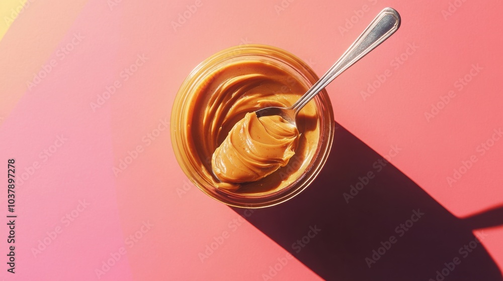 A simple composition featuring a jar of peanut butter with a spoon dipped in it A simple composition featuring a jar of peanut butter with a spoon dipped in it