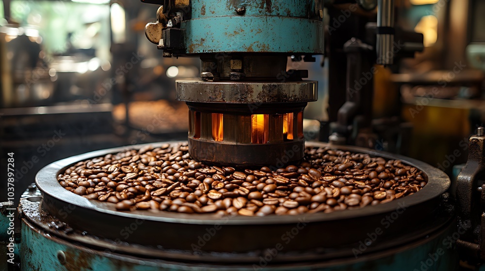 Close-up of coffee beans roasting in a vintage machine. Close-up of coffee beans roasting in a vintage machine.