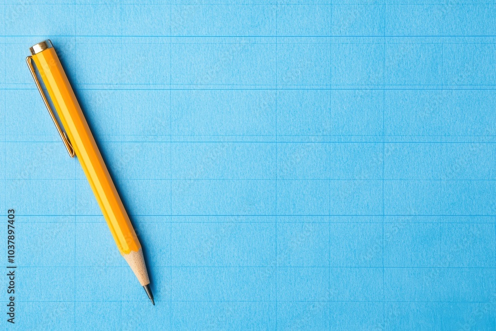 Creative Writing Inspiration A Yellow Pen on a Blank Blue Sheet of Paper for New Ideas Creative Writing Inspiration A Yellow Pen on a Blank Blue Sheet of Paper for New Ideas