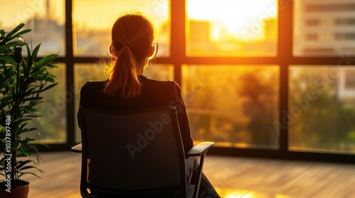 Contemplation at Sunset A Professional's Reflection in a Modern Workspace