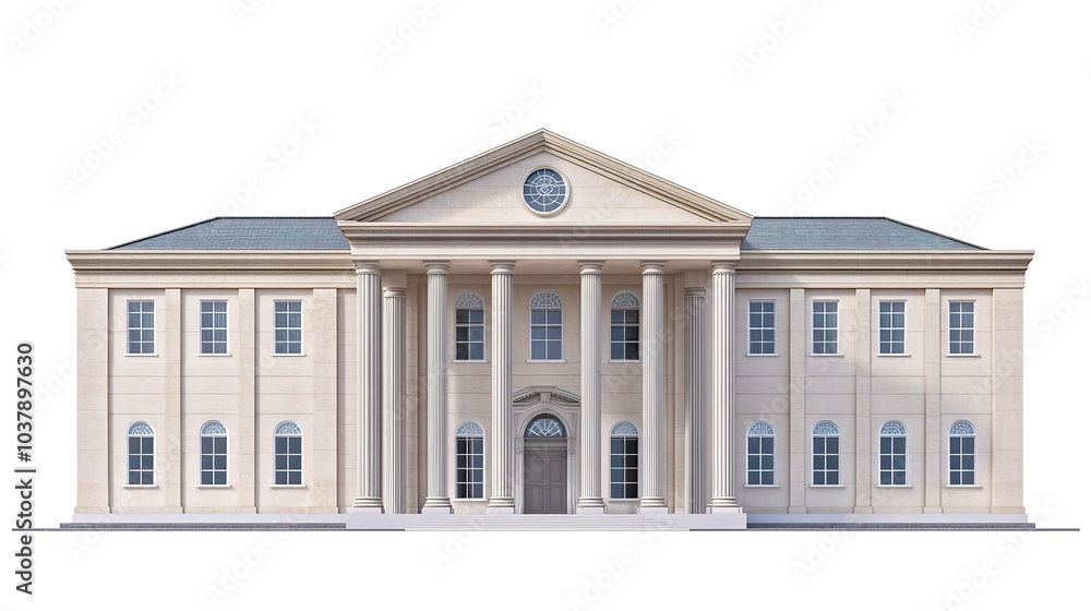 Fototapeta premium A large university campus building with arched windows and pillars, academic architecture, photorealistic style, classic stone finish, isolated on white background 