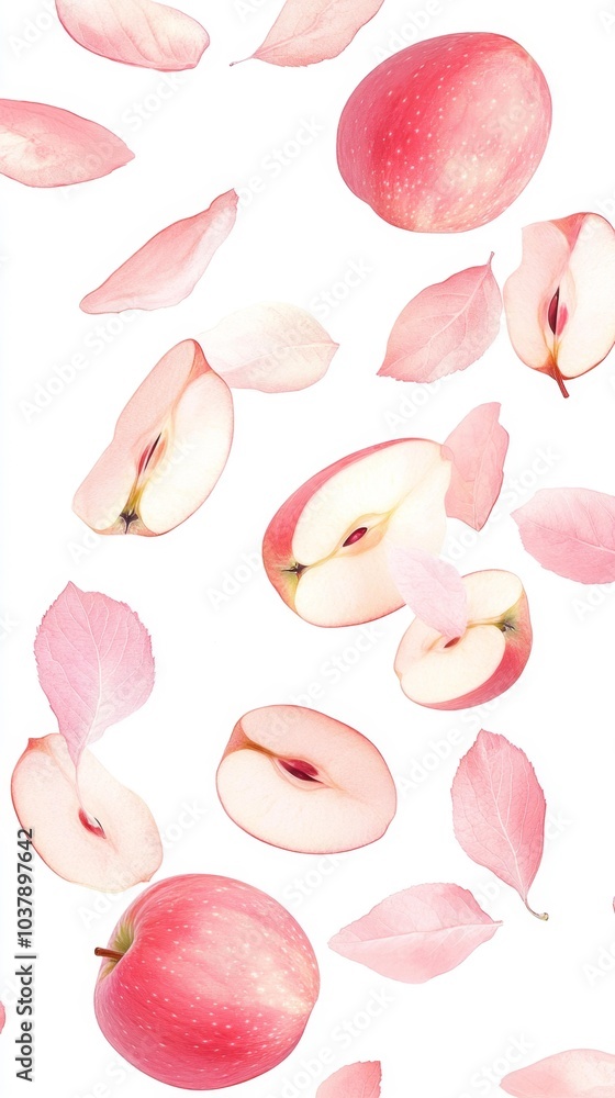 Falling Pink Lady apple slices and pink leaves on a white background fresh fruit stock image for food or healthy eating projects. Generative AI Falling Pink Lady apple slices and pink leaves on a white background fresh fruit stock image for food or healthy eating projects. Generative AI