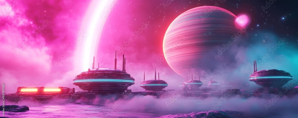 Obraz premium Floating colony, alien gas giant, bright neon lights, metallic structures