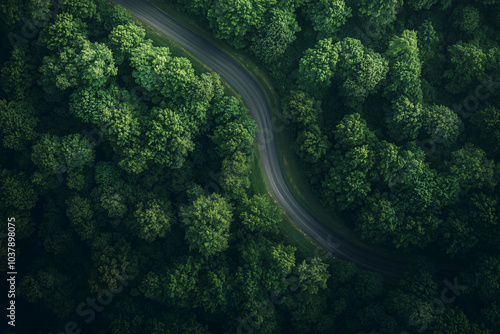 Aerial View of Winding Road Through Lush Green Forest