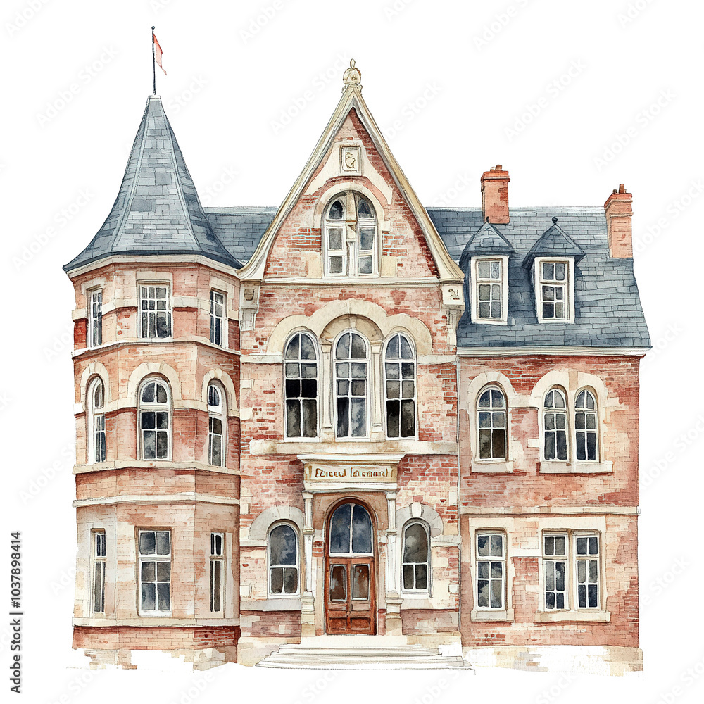 Naklejka premium A historic Victorian school building with ornate details, traditional architecture, watercolor style, soft pastel tones, isolated on white background 