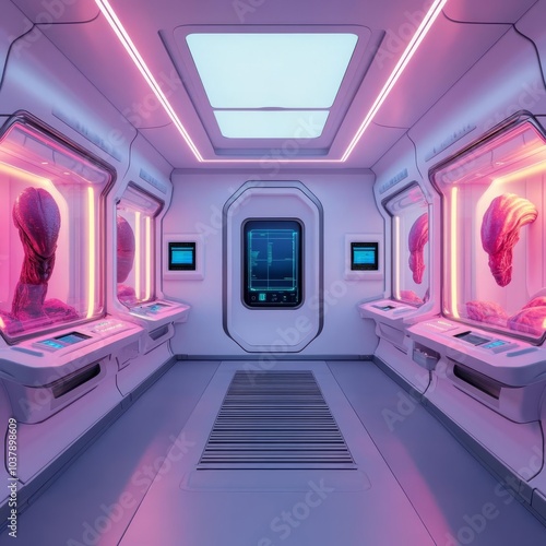 Research bay on spaceship, alien specimens, advanced scanners, neon lighting photo