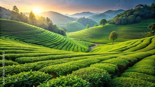 green tea plantation landscape photography with shallow depth of field