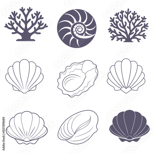 Scallop shell , mussel and seaweed icons set. Shellfish delicacy silhouette in thin lines minimalist style, emblem for the menu of the seafood restaurant.