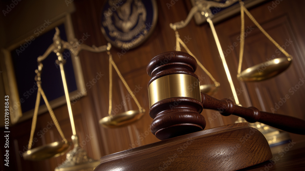 A wooden judges gavel placed on a desk with the scales of justice in the background A wooden judges gavel placed on a desk with the scales of justice in the background