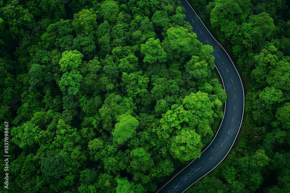 Aerial View of Winding Road Through Lush Green Forest Aerial View of Winding Road Through Lush Green Forest