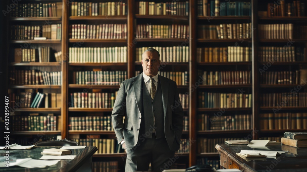 Government office worker standing confidently in a well-organized library during a bright workday, ready for tasks ahead Government office worker standing confidently in a well-organized library during a bright workday, ready for tasks ahead