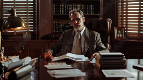 A focused office worker reviews legal documents in a law firm setting, surrounded by bookshelves and warm wood decor during working hours