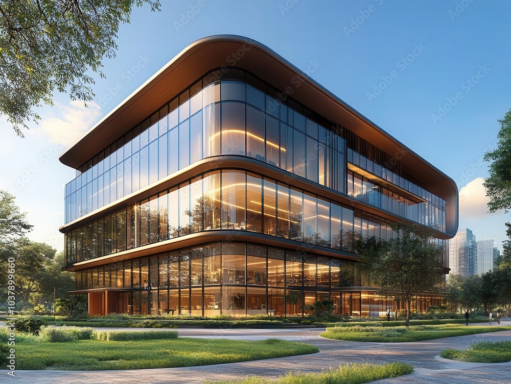 modern office building harmonizes with lush green trees under a bright blue sky, showcasing an eco-friendly design with sunlight reflecting off its glass facade modern office building harmonizes with lush green trees under a bright blue sky, showcasing an eco-friendly design with sunlight reflecting off its glass facade