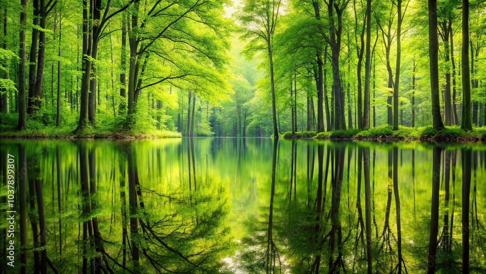 Fototapeta premium Green background wallpaper with lush green lawn, trees and sustainable environment