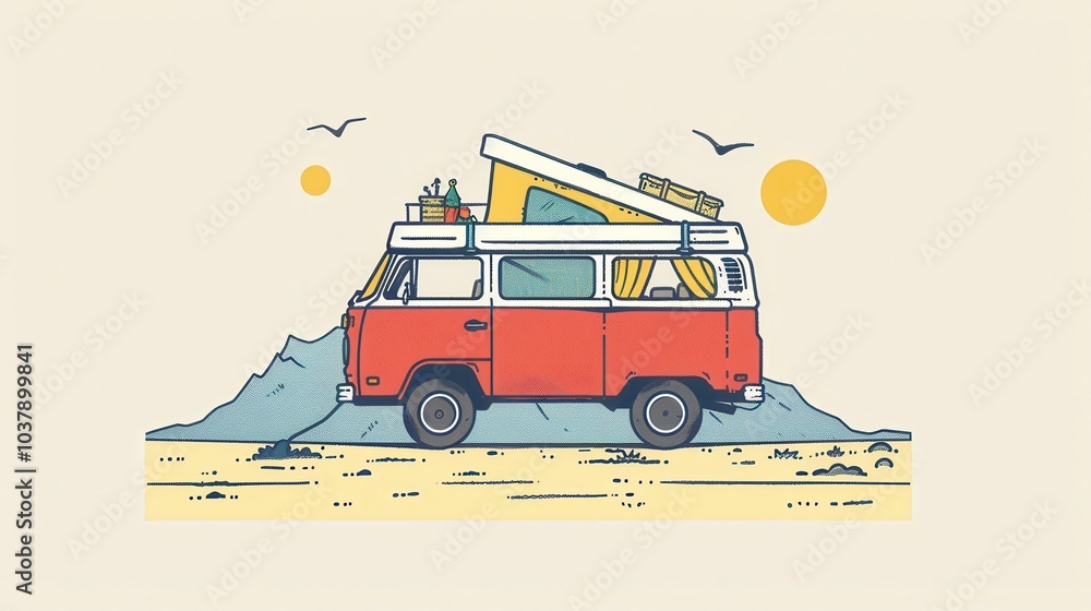 Obraz premium Family adventure on a summer road trip in a vintage van traveling through scenic landscapes with mountains and sunshine