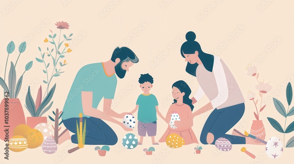 A minimalist depiction of a family joyfully decorating Easter eggs together, surrounded by spring flowers and festive decorations A minimalist depiction of a family joyfully decorating Easter eggs together, surrounded by spring flowers and festive decorations