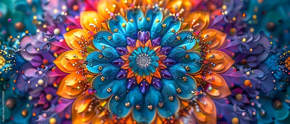 Vibrant floral mandala pattern in rich blues oranges and purples capturing the essence of nature's beauty and artistic expression