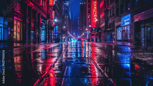 A city street at night with a neon sign that says Percu. The street is wet and the lights reflect off the water