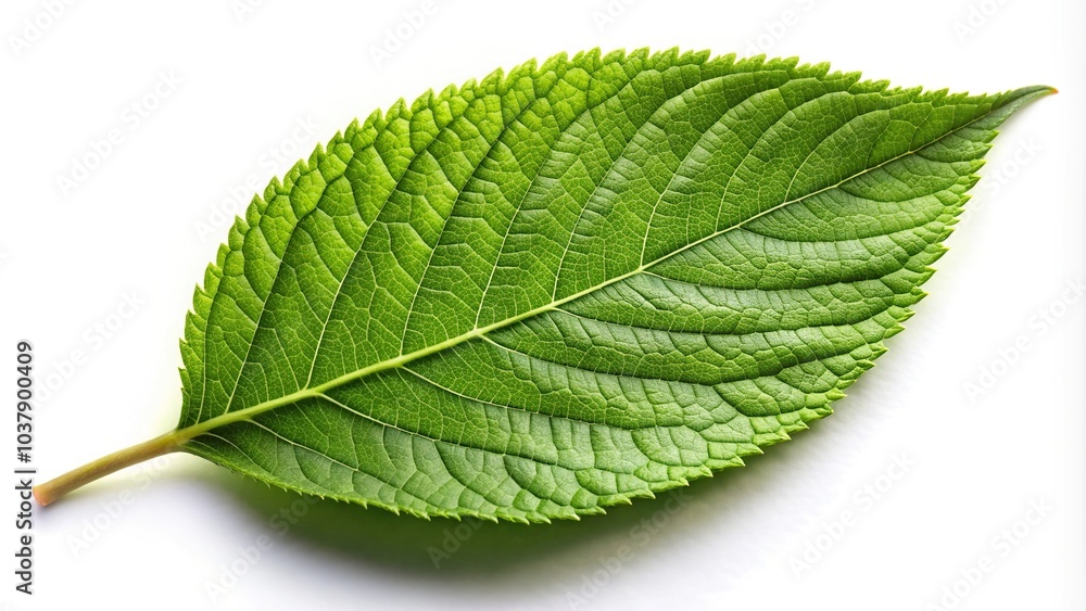 Fototapeta premium Green leaf with shallow depth of field on white background