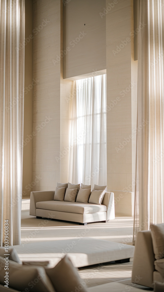 spacious and airy living area featuring neutral toned sofa adorned with plush cushions, surrounded by soft, flowing curtains that enhance serene atmosphere spacious and airy living area featuring neutral toned sofa adorned with plush cushions, surrounded by soft, flowing curtains that enhance serene atmosphere