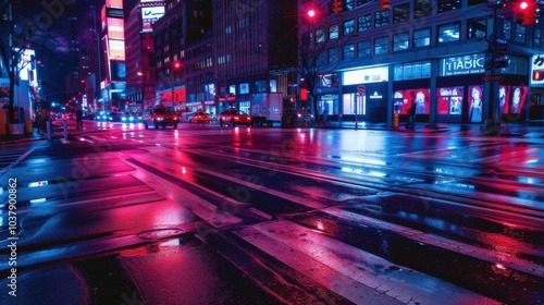 Fototapeta Naklejka Na Ścianę i Meble -  A city street at night with a neon sign that says 