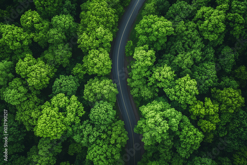 Aerial View of Winding Road Through Lush Green Forest