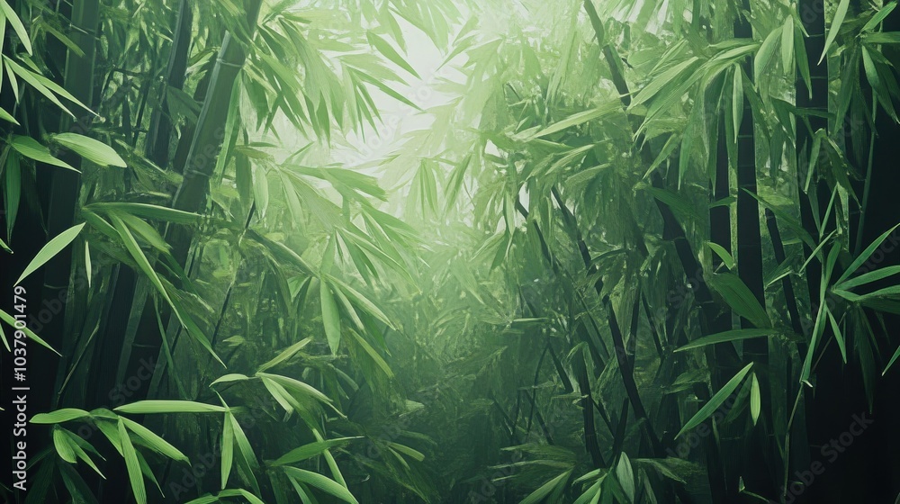 A lush green forest with tall bamboo trees. Concept of tranquility and serenity, as the dense foliage creates a peaceful atmosphere. The abundance of green leaves A lush green forest with tall bamboo trees. Concept of tranquility and serenity, as the dense foliage creates a peaceful atmosphere. The abundance of green leaves
