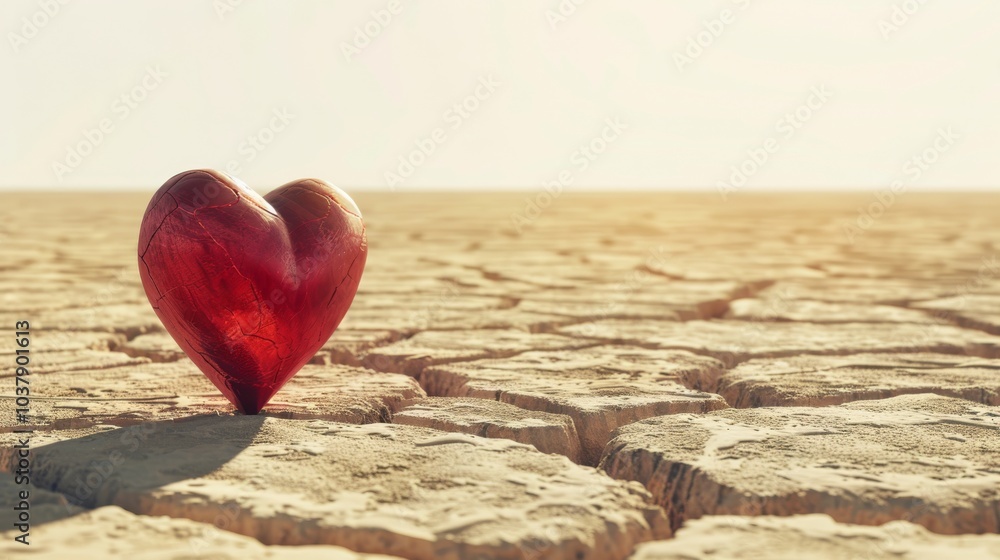 Fototapeta premium a heart suspended in a vast desert landscape, with cracks in the earth radiating from its core