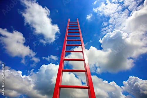 Low angle view of red ladder against blue sky with clouds