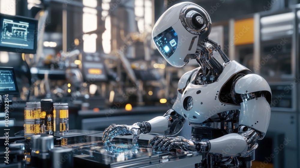 A humanoid robot working on a touchscreen in a high-tech industrial environment. A humanoid robot working on a touchscreen in a high-tech industrial environment.