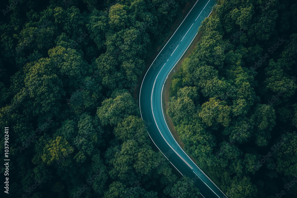 Aerial View of Winding Road Through Lush Green Forest Aerial View of Winding Road Through Lush Green Forest
