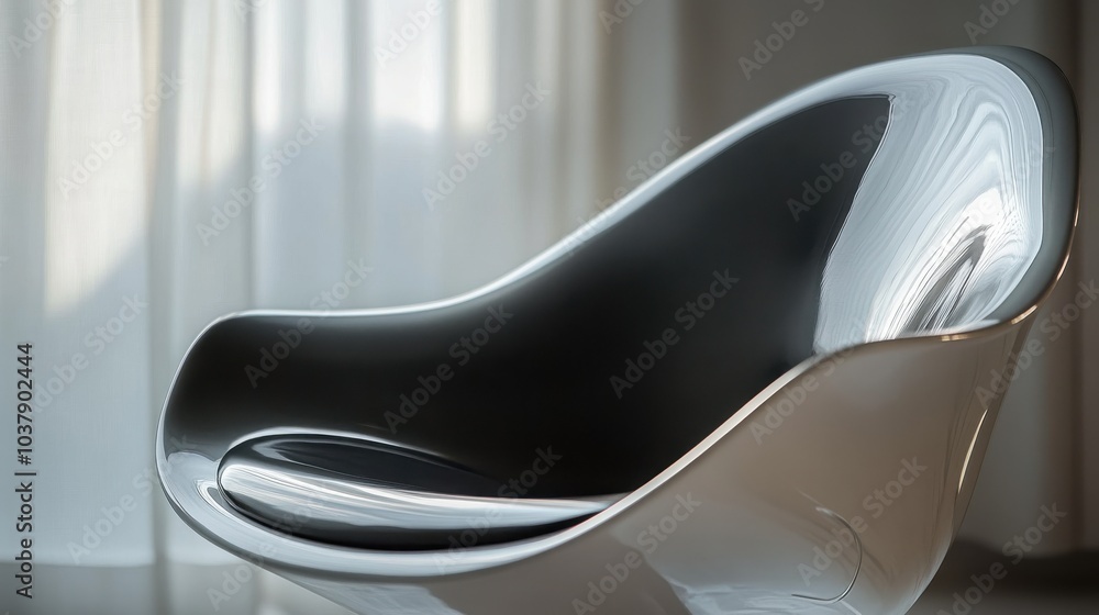 A white and black chair with a shiny surface A white and black chair with a shiny surface