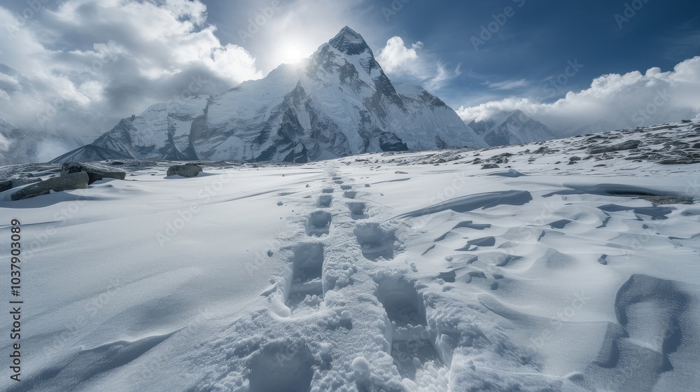 Obraz premium Climbers' footprints leading toward Mount Everest on a snowy trail under dramatic clouds in the bright morning light