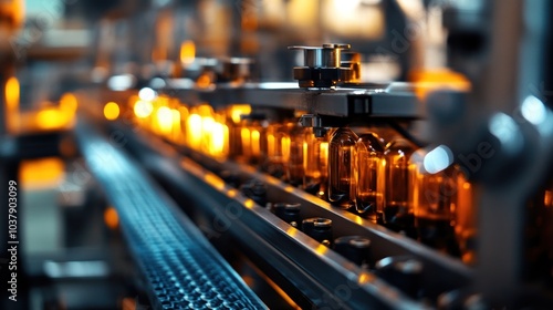 Wallpaper Mural A close-up of a production line with illuminated bottles in an industrial setting. Torontodigital.ca