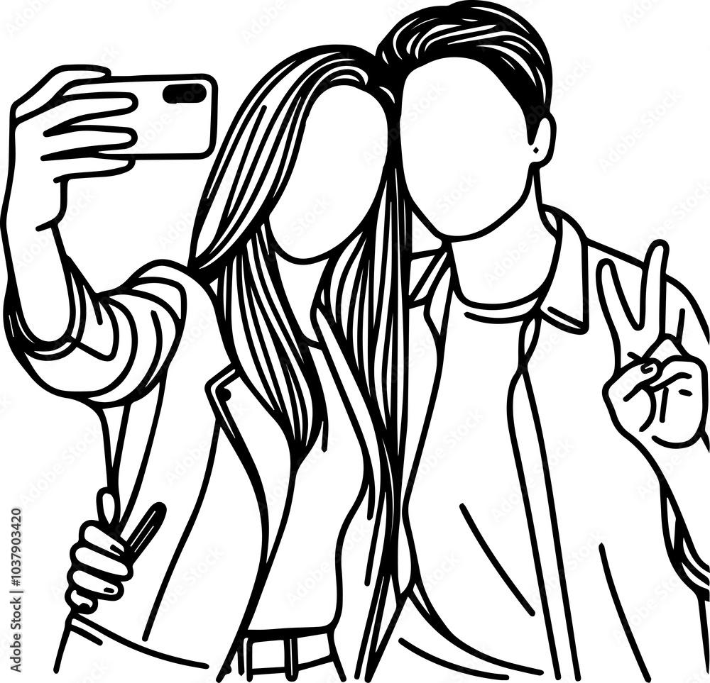 Black Line Art Happy Friendship Photo Pose Hand Drawn Illustration Black Line Art Happy Friendship Photo Pose Hand Drawn Illustration