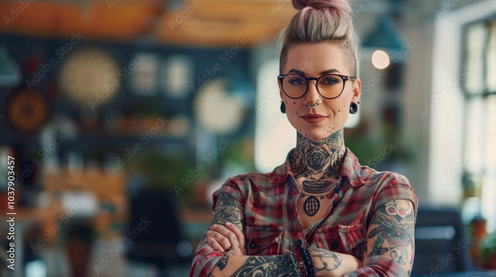 Office worker with tattoos and piercings confidently poses in a modern workspace during a busy afternoon Office worker with tattoos and piercings confidently poses in a modern workspace during a busy afternoon