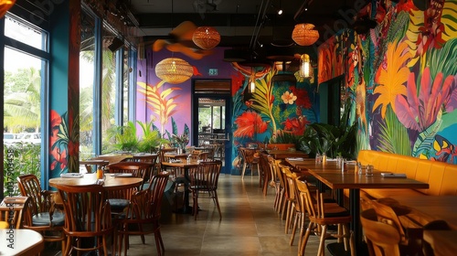 A restaurant with a mural of a jungle on the wall photo