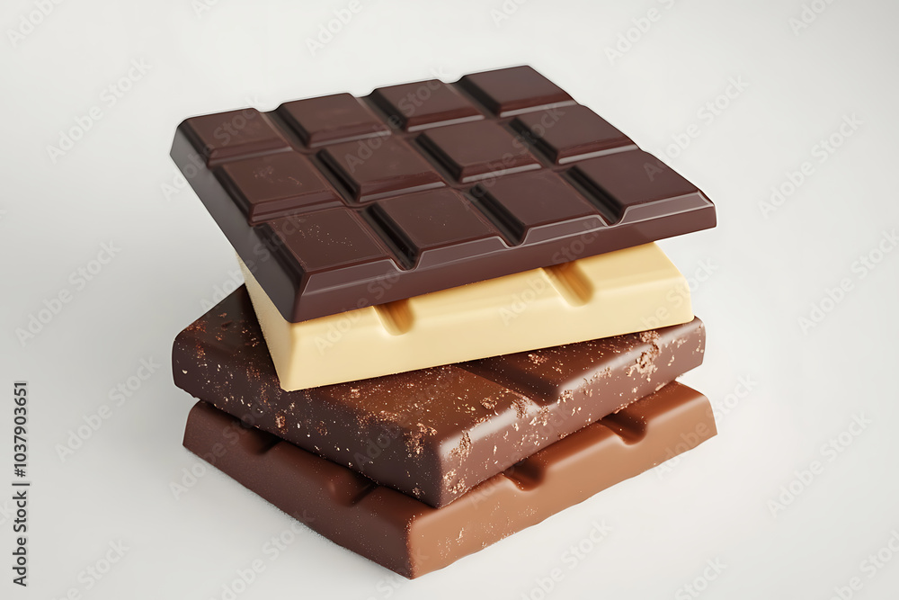 A stack of three chocolate bars in varying colors and textures. A stack of three chocolate bars in varying colors and textures.