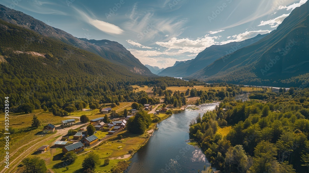 Fototapeta premium Aerial view of a remote Patagonian village surrounded by mountains and rivers in a serene landscape