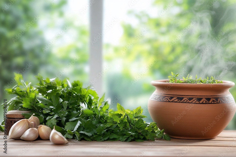 A clay pot with steaming herbs and garlic on a wooden table with a window view. A clay pot with steaming herbs and garlic on a wooden table with a window view.