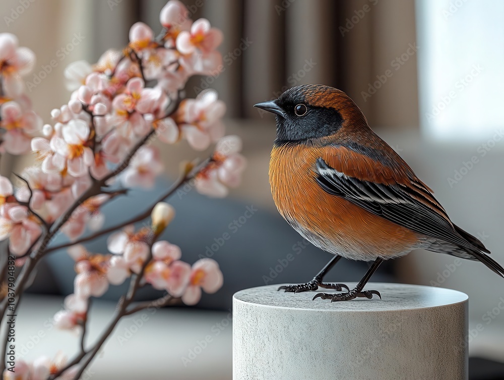 Naklejka premium rusty blackbird perched on a sleek, minimalist tabletop, its iridescent feathers contrasting with modern decor in the softly lit living room behind it