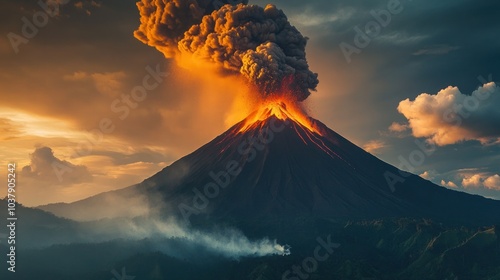 Erupting Volcano with Dramatic Sky