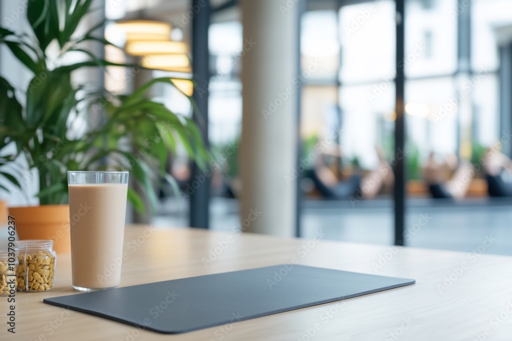 A glass of iced coffee on a wooden table in a cafe with a blurry background of people exercising. A glass of iced coffee on a wooden table in a cafe with a blurry background of people exercising.