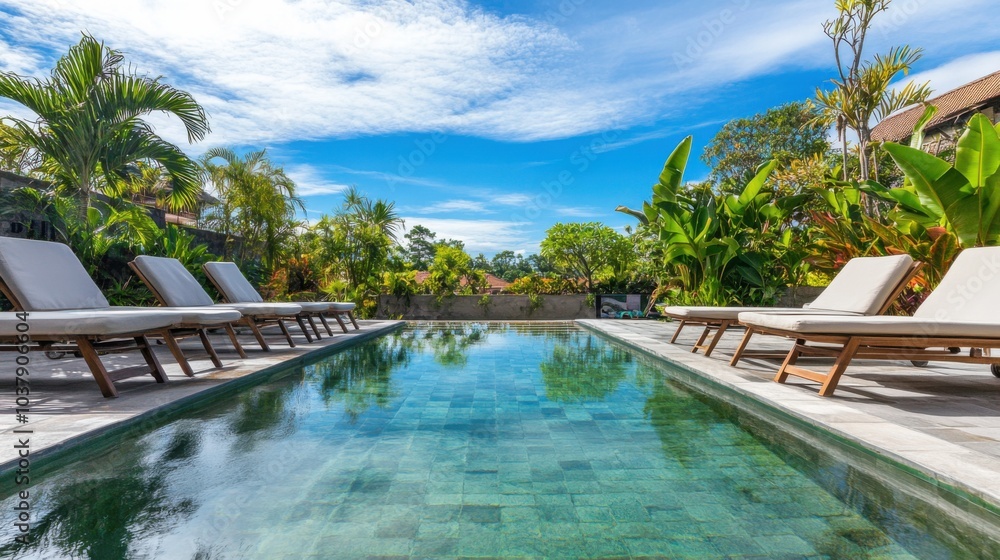 Obraz premium A serene outdoor swimming pool with clear water and neatly arranged lounge chairs, surrounded by tropical plants and a bright blue sky, early morning light creating a tranquil atmosphere