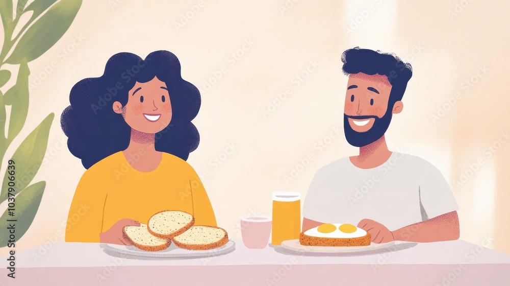 A man and woman are sitting at a table with breakfast food in front of them. The man is smiling and the woman is smiling back. Scene is happy and friendly A man and woman are sitting at a table with breakfast food in front of them. The man is smiling and the woman is smiling back. Scene is happy and friendly