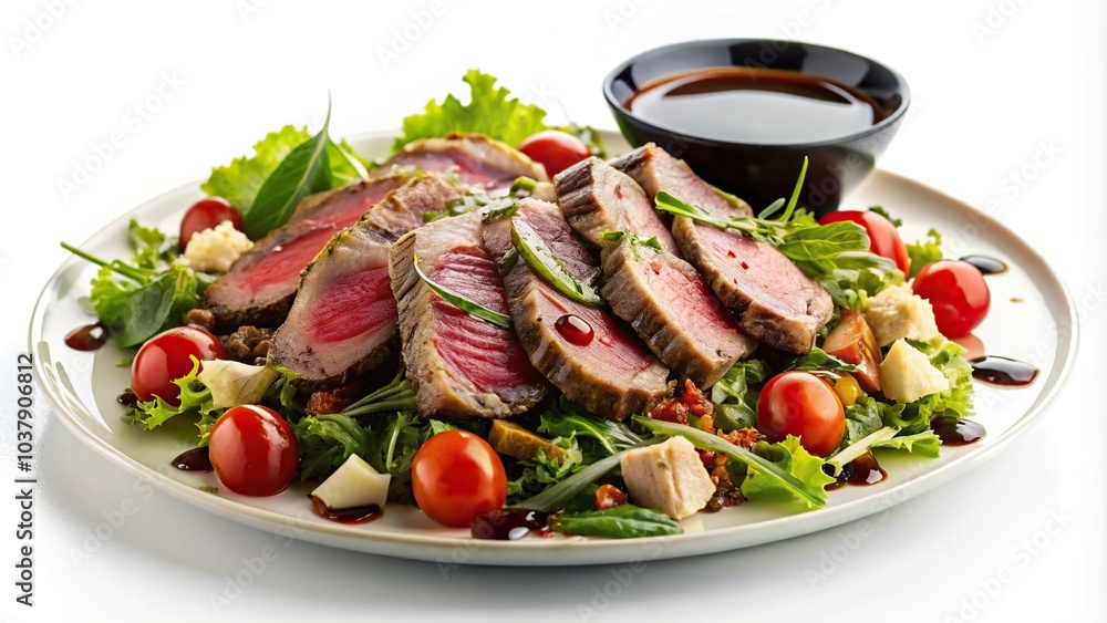 medium rare steak salad with black sauce on a white background medium rare steak salad with black sauce on a white background